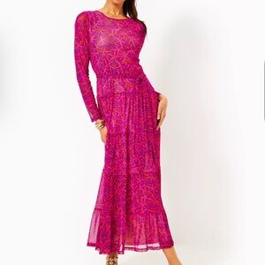 NEW Lilly Pulitzer Izabella Print Long Sleeve Tiered Maxi In Passion Fruit Pink
